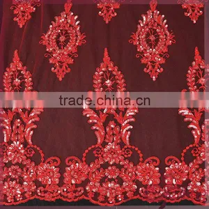 Red Floral Tulle Embroidery With Cord Lace,sparkle Beaded Sequin Lace Fabric for Wedding thumbnail-2