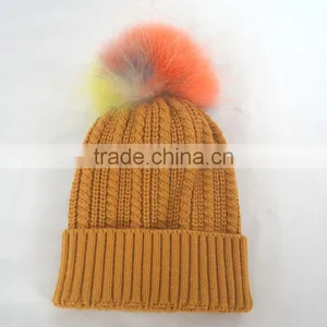Myfur OEM Latest Women Ginger Ribbed Knitting Beanie Cap With Removable Pompom thumbnail-5