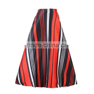 Walson Spring Autumn High Waist Geometry Striped Print Pleated Maxi Skirt Fall Contrast Casual A Line Skater Tutu Skirts Women C thumbnail-1