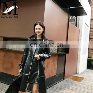 Women Fashion Long Black Rivet Real Leather Coat Leather Trench Coat thumbnail-3
