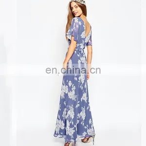 2016 Guangdong Dongguan High Fashion Lady Short Sleeve Printed Chiffon Ladies Long Dress thumbnail-3
