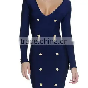 Summer Dress 2016 New Fashion Women Navy Long Sleeve V Neck Evening Bandage Dress Bandage Bodycon Women Wearing thumbnail-1