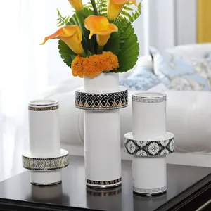 Cylinder European American Glaze Small White Black Stripe Ceramic Vase For Living Room thumbnail-1