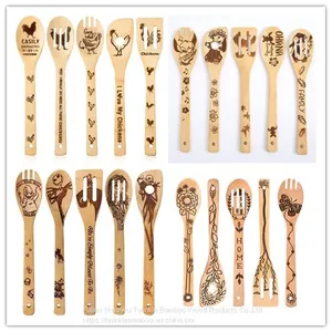 Bamboo Utensil Set Burned/ Halloween Kitchen Tool,Christmas Cooking Utensil Set Engraved Spoon Set thumbnail-2