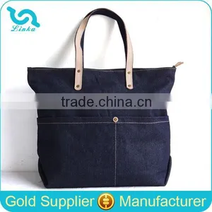 High Quality Navy Denim Bag Denim Tote Bag With Leather Trim thumbnail-1