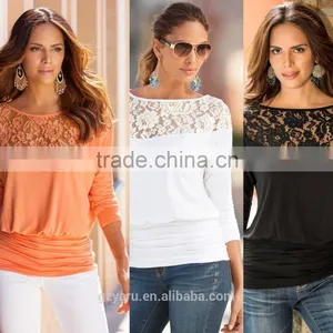 2016 Indian Dubai Modern Lace Splicing Chiffon Ruffled Loose Plus Size Tops White Blouses for Women Ladies Girls Cheap Clothes thumbnail-1