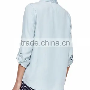 Top Selling Ladies 2015 Summer Long Sleeve Chambray Denim Shirt for Women SYA15361 thumbnail-2