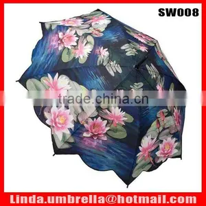 [SW008] 23"x8K, Wooden Shaft&handle Umbrella,with Flower Design, Heat-transfer Printing Umbrella, Lotus Umbrella thumbnail-1