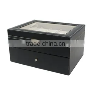 Store More Watch Box Large 20 Mens Black Leather Display Glass Top Jewelry Case Organizer thumbnail-2