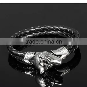 Men Stainless Steel Wolf Bracelet , Braided Black Leather Bracelet thumbnail-4