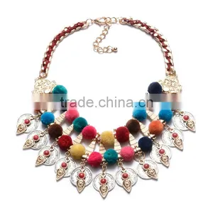 Europe and the United States Ethnic Hand-woven Wool Ball Necklace Big Brand Fashion Multilayer Rivet Triangle Alloy Necklace thumbnail-2