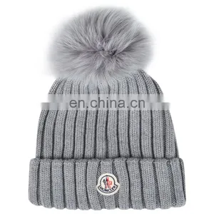 High Quality Grey Knit Acryl Beanie Hat 100% Polyester Fleece Cap Woven Label thumbnail-6