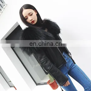 High Fashion Red Real Leather Jackets for Women / Raccoon Fur Collar Leather Jacket Made in China thumbnail-5