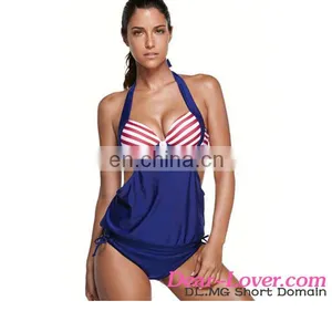 2pcs Navy Splice Tricolor Stripes Halter Tankini Swimsuit Mature Swimsuit thumbnail-5