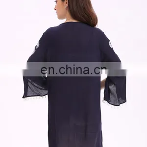 Long Flare Sleeve Contrast Embroidery Ladies Tunic Blouse With Ponpon thumbnail-6