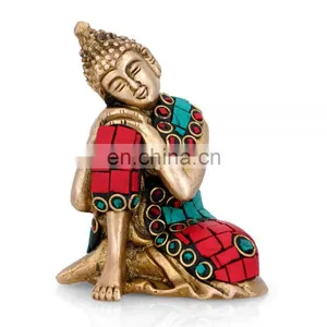 Buddha Statue Resting Buddhism Figurine Tibet Sleeping Feng Shui Brass Turquoise Tibet Tibetan Resting Buddhism Home Decor Art thumbnail-1