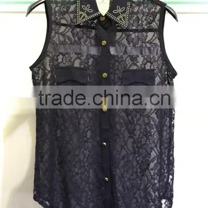 Women's Black Sleeveless Tops With Lace thumbnail-1