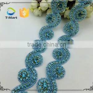 Blue Crystal Rhinestone Bridal Ribbon Belt Sash Applique Trim thumbnail-2