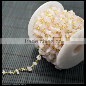 LFD-001C ~ Wholesale Gold Plated Wire Wrapped Freeform Rose Quartz Chips Chain Gem Stone Beaded Chain Jewelry Findings thumbnail-1