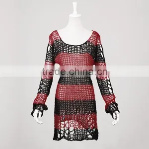 PM-004 Branded Red and Black Fashion Punk Rave Broken Pullover Striped Sweater thumbnail-4