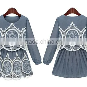 2015 Fashion High Quality New Arrival Hot Sale New Ladies Denim Hollow Out Dress Crochet Lace Pattern Denim Dress thumbnail-1