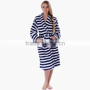 Men Women Plus Size Coral Fleece Navy Stripe Warm Bath Robe Pyjama Dressing Gown Sleepwear Bathrobe For Couples thumbnail-2
