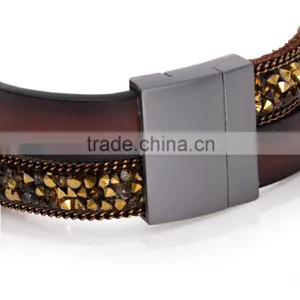 50PC Fashion Double Wrap Leather Bracelet Black Brown Crystal Leather Bangle Magnet Clasp thumbnail-4