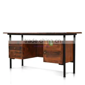 Writing Desk Retro Style Solid Teak Wood Combination With Metal 6 Drawers thumbnail-2