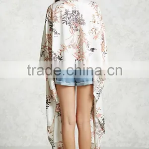 New Design Ladies Clothes Floral Print Handkerchief Hem Open Front 3/4 Length Dolman Sleeves Cardigans Floral Kimono Women thumbnail-5