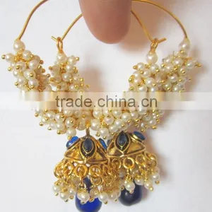 Pearl Hoop Bollywood Gold Tone Dangler Jhumka EARRINGS thumbnail-4