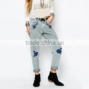 Front Girls Embroidery Flowers Ladies Fancy Jeans Loose Style thumbnail-1