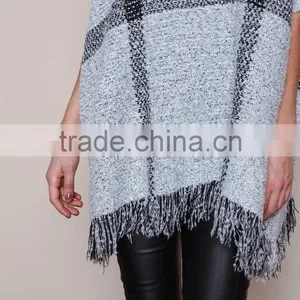 MGOO New Fashion Plaid Pullover Tops Grey Knit Mohair Fringe Poncho Women Winter Popular Clothes thumbnail-3