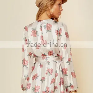 Plunging v Neck Cinched Waist Rose Floral Printed Long Sleeve Short Dress thumbnail-6