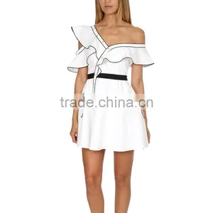 Asymmetrical Ruffle One Shoulder Contrast Pipping Short Dress thumbnail-4