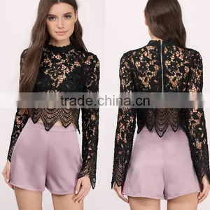 2017 Latest Fashion Design Sexy Ladies Black Lace Top thumbnail-1