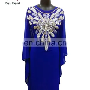 Hot Muslim Abaya Kaftan Long Beaded Prom Dresses Evening Gown Chiffon Blue Arabic Abaya Dubai Evening Dresses With Long Sleeves thumbnail-1