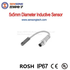 Recutangular 5x5mm Diameter Brass Body Flush Ultra-Mini Inductive Proximity Sensor 10-30VDC NPN PNP NO NC M8 Pigtail thumbnail-1