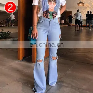 Women Denim High Waist Flare Pants Boyfriend Ripped Jeans Lady Skinny Bell Bottom Jeans Pant Wide Leg Mom Jeans Plus Size thumbnail-2