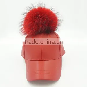 Big Genuine Raccoon Fur Ball PU Leather Baseball Caps New 5 Panel Outdoor Waterpoof Sport Hats thumbnail-5