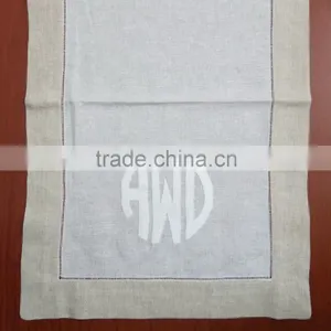 Monogram White Linen Table Runner With Natural Border thumbnail-1