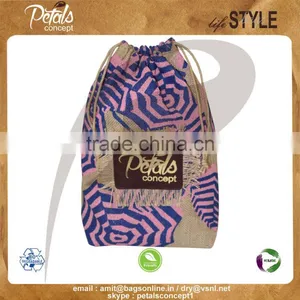 Jute Drawstring Bag With Two Color Umbrella Print All Over thumbnail-1