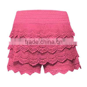 Women's Elastic Waist Lined Crochet Lace Scallop Hem Casual Mini Summer Shorts thumbnail-1