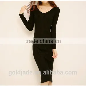 2016 Customized Manufactorying Korean Style Long Sleeve V Neck Knitted Ladies Dress thumbnail-2