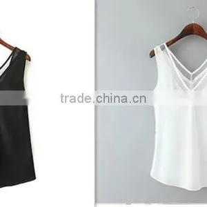 European and American Style Solid Color V-neck Blouses Stitching Gauze Halter T-shirt Tank Top Women thumbnail-4