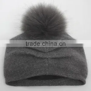 Myfur Elegant Women Flower Cashmere Wool Knit Beanie With Soft Fox Fur Pom Pom thumbnail-2