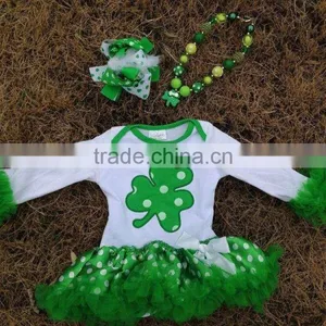2015 St Patrick Shamrock Baby Romper Dresses Cottom Romper With Matching Necklace and Bow Set thumbnail-1