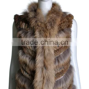 YR646 Stylish Real Rabbit Knit and Raccoon Fur Waistcoat Euro Long Fur Gilet thumbnail-3