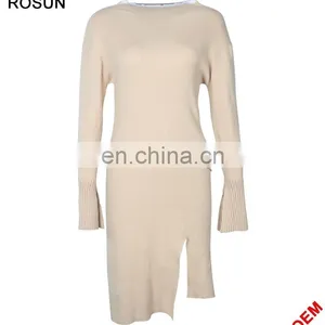 Ladies Cream Bottom Sleeves Cuffs Split Ruffle Dress Sweater thumbnail-1