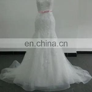 EBX-151 Delicate V-neck Sequin Lace Pink Belt Wedding Gown thumbnail-1