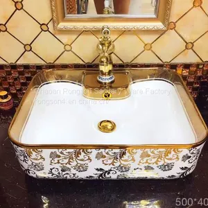 Hot Sale Ceramic Round Modern Luxury Golden Single Hole Wash Basin Price Bathroom Basin With Gold Decorative thumbnail-4